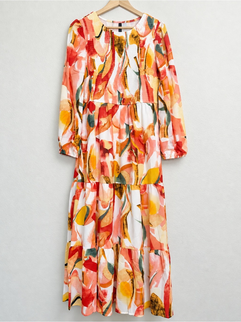 Women’s ' Long Sleeve Tiered Dress - Multicolor Abstract Print L